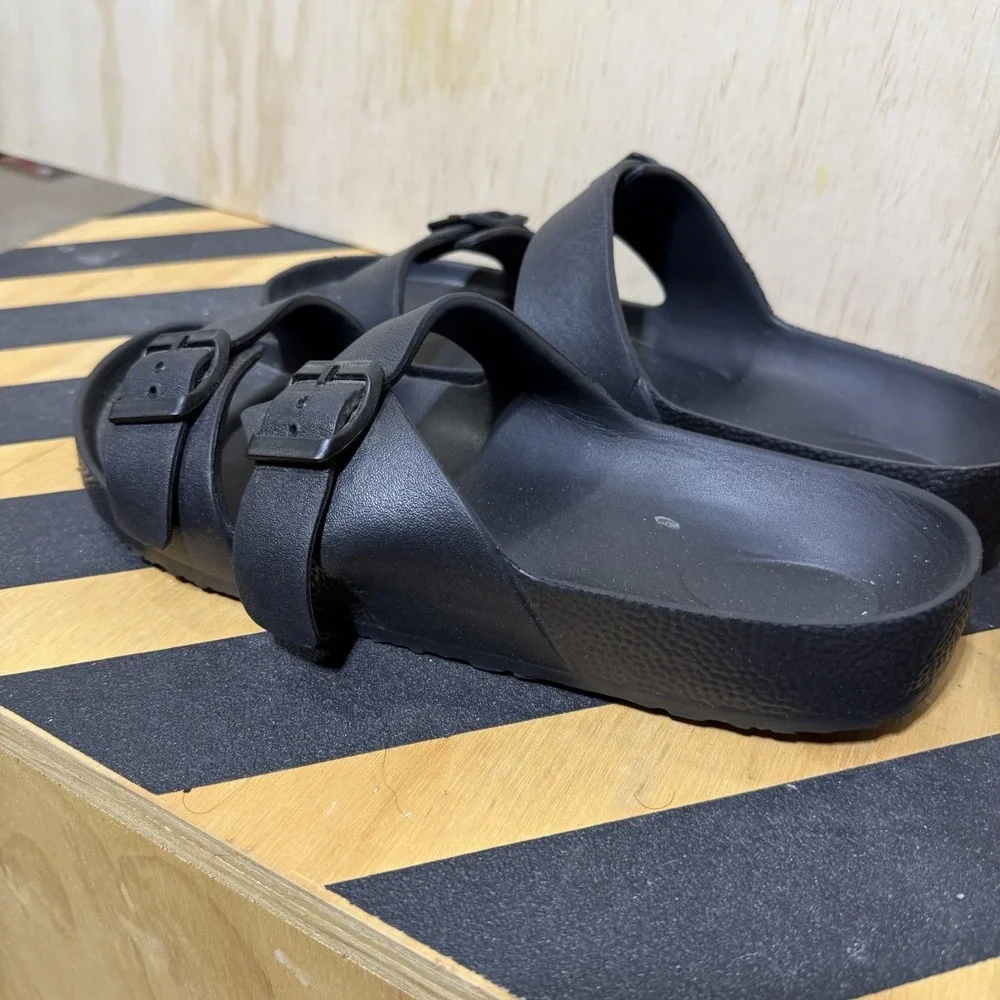 Black Double Strap Slide Sandals Womens Size 11 Buckle‎ Comfort Casual Slip On